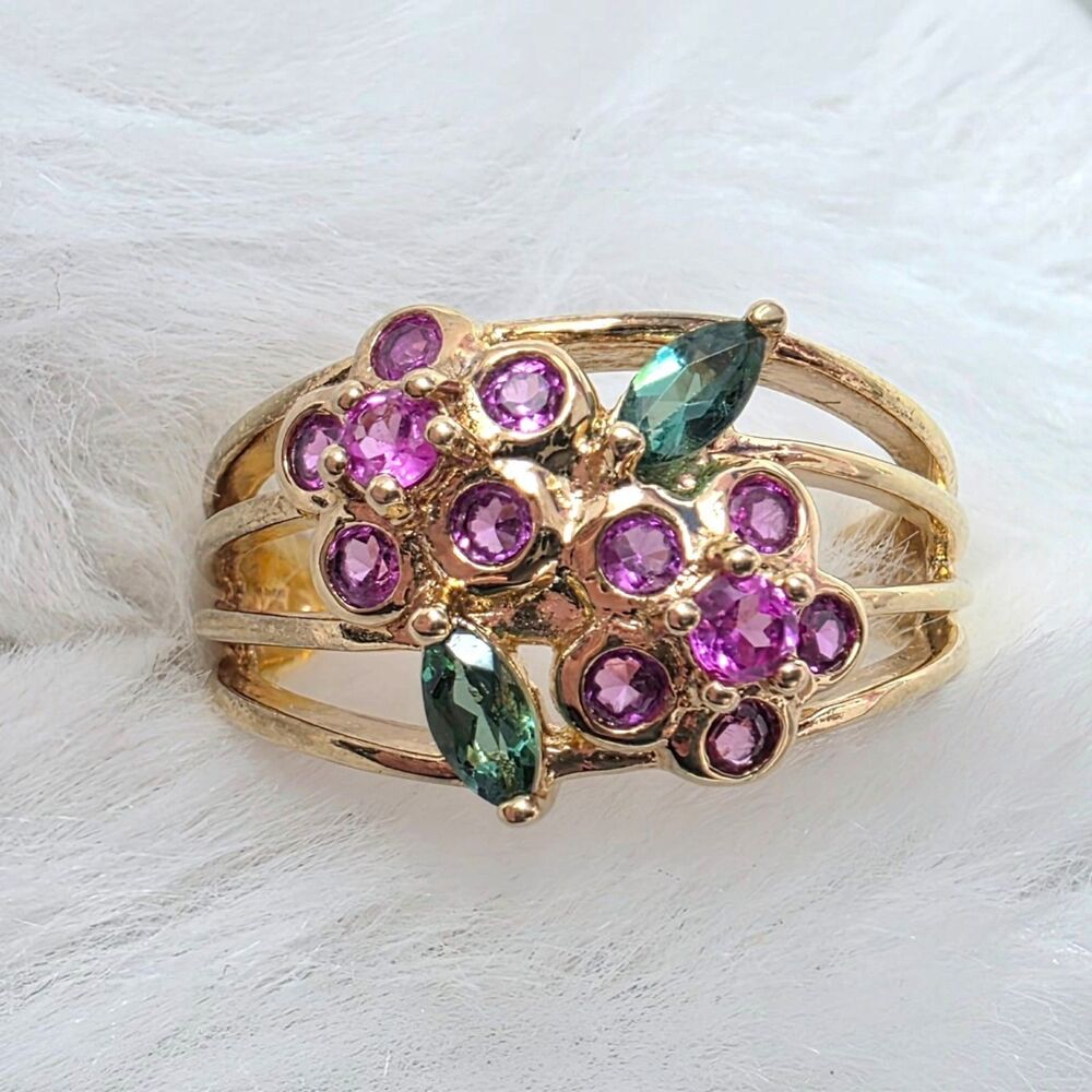 925 Sterling Silver 14kt Gold Plated Vermeil Natural Ruby Tourmaline Ring Sz 8.5